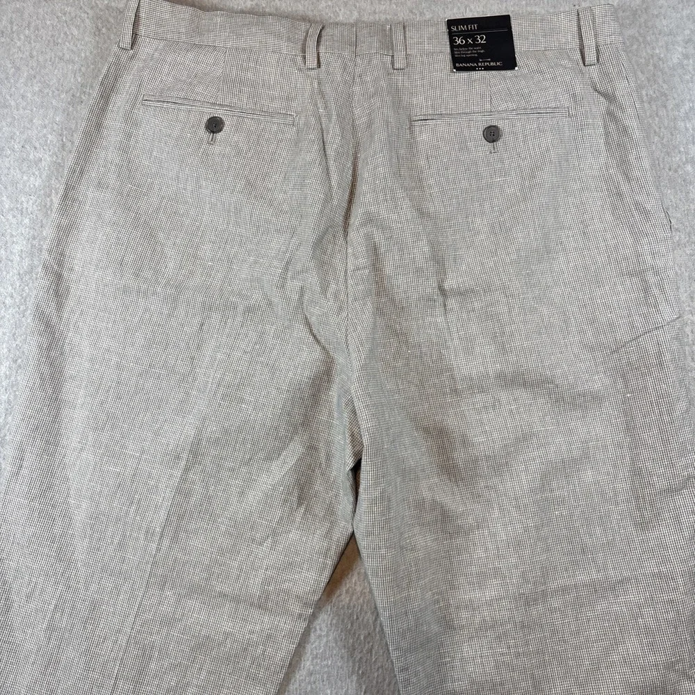 Banana Republic Slim Fit Men's 36x32 Linen Cotton Gray Micro Square Pattern Pant